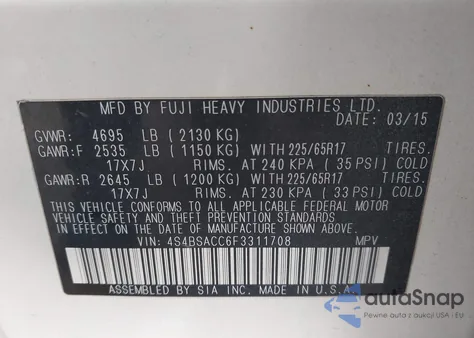 2015 Subaru Outback 2.5I Premium из США, поврежденный, VIN 4S4BSACC6F3311708